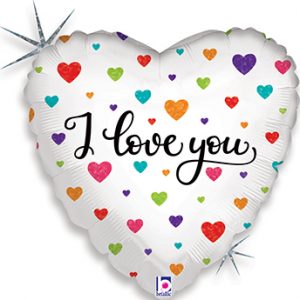 Colorful Hearts I Love You standard size Holographic balloon by Betallic. 